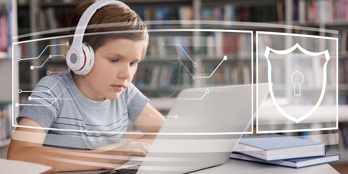 Child safety online. Little boy using laptop indoors. Illustrati