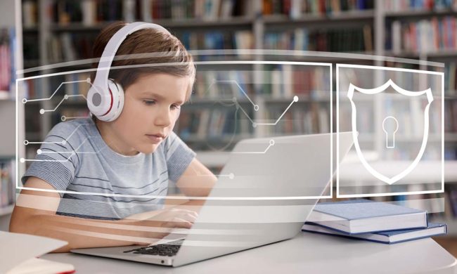 Child safety online. Little boy using laptop indoors. Illustrati