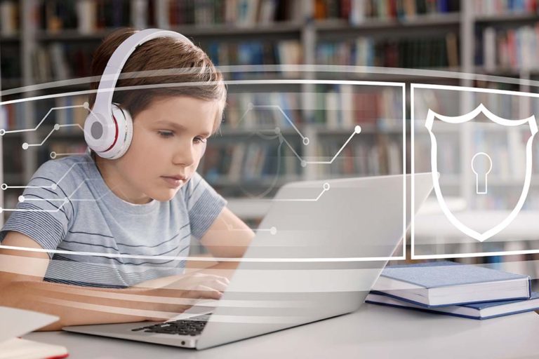 Child safety online. Little boy using laptop indoors. Illustrati